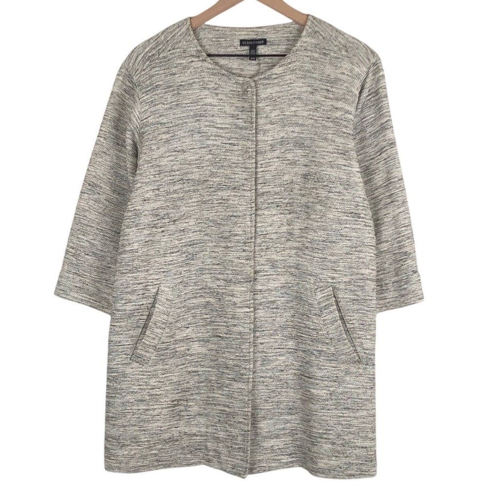 EILEEN FISHER Woven Cotton Twist‎ Longline Jacket Sz M Gray 3/4 Slv Pockets $248